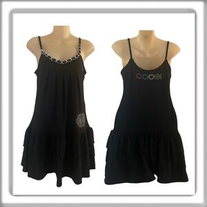 COOGI Spaghetti Strap Flounce Mini Dress Tiered Embellished Black Size Small